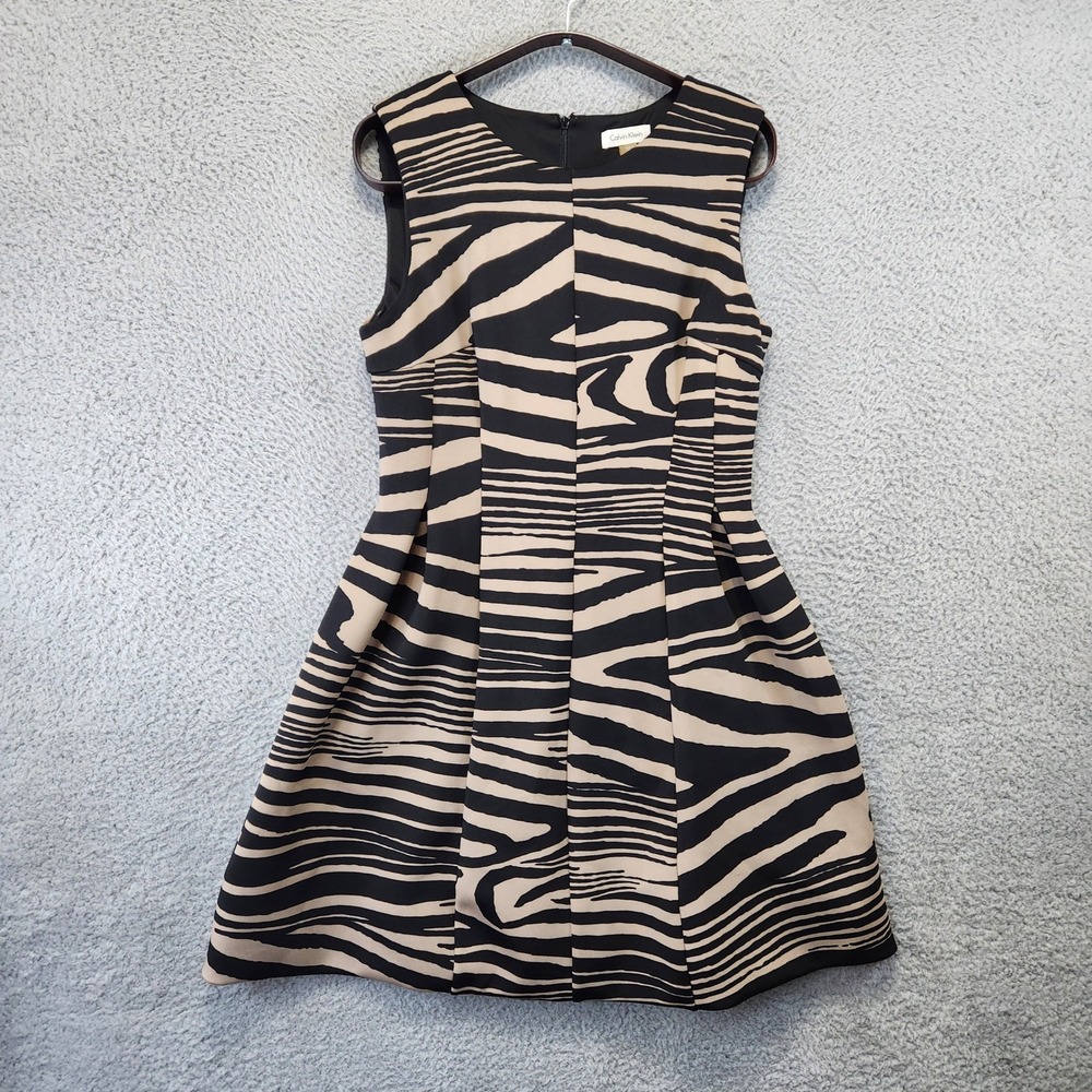 Calvin Klein Black and Beige Zebra Print Sleeveless Fit-and-Flare Dress